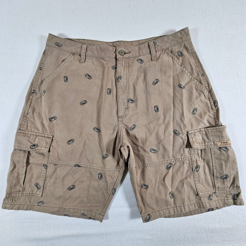 Wrangler Cargo Shorts Mens 36 Tan Beer Can Print Regular Fit 100% Cotton Utility